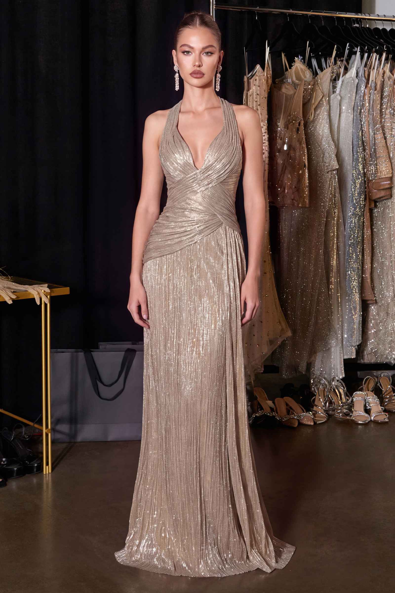 Ladivine CH2625 Metallic Halter Gown with Ruched Wrap Bodice & Lace-Up Back