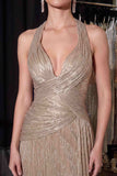 Ladivine CH2625 Metallic Halter Gown with Ruched Wrap Bodice & Lace-Up Back