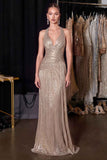 Ladivine CH2625 Metallic Halter Gown with Ruched Wrap Bodice & Lace-Up Back