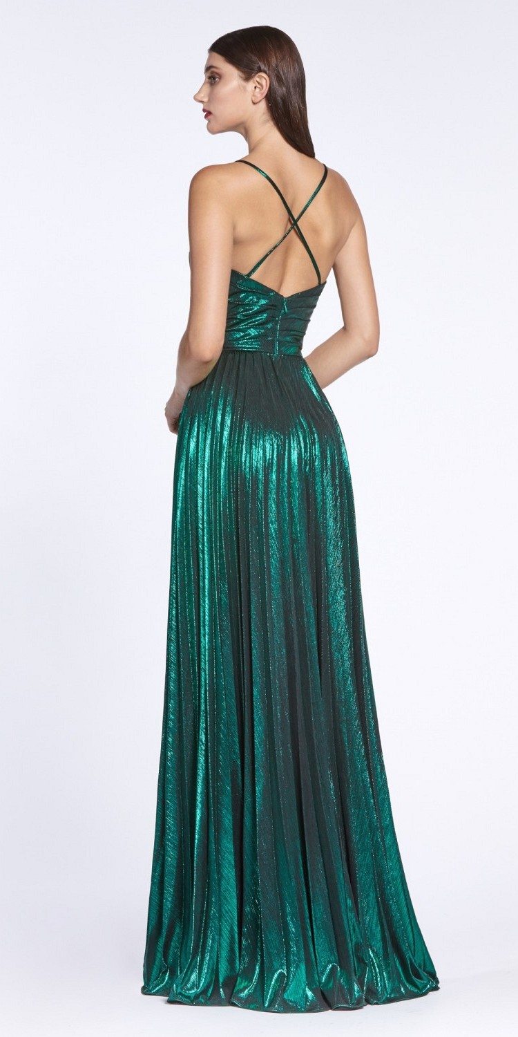 Criss-Cross Back with Slit Metallic Long Prom Dress Emerald Green