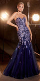 Ladivine CM340 Long Fitted Mermaid Strapless Floral Motif Design Gown