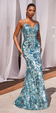 Ladivine CM350 Long Floral Sequin Print Fitted Evening Gown