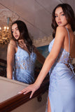 Ladivine CM351 Long Fitted Light Blue Dress with Lace Details
