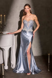 Ladivine CM392 Strapless Corset Bodice Sparkling Beading Fitted Satin Gown