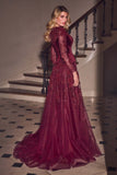 Ladivine CM394 Long Sleeve Velvet & Lace Ball Gown