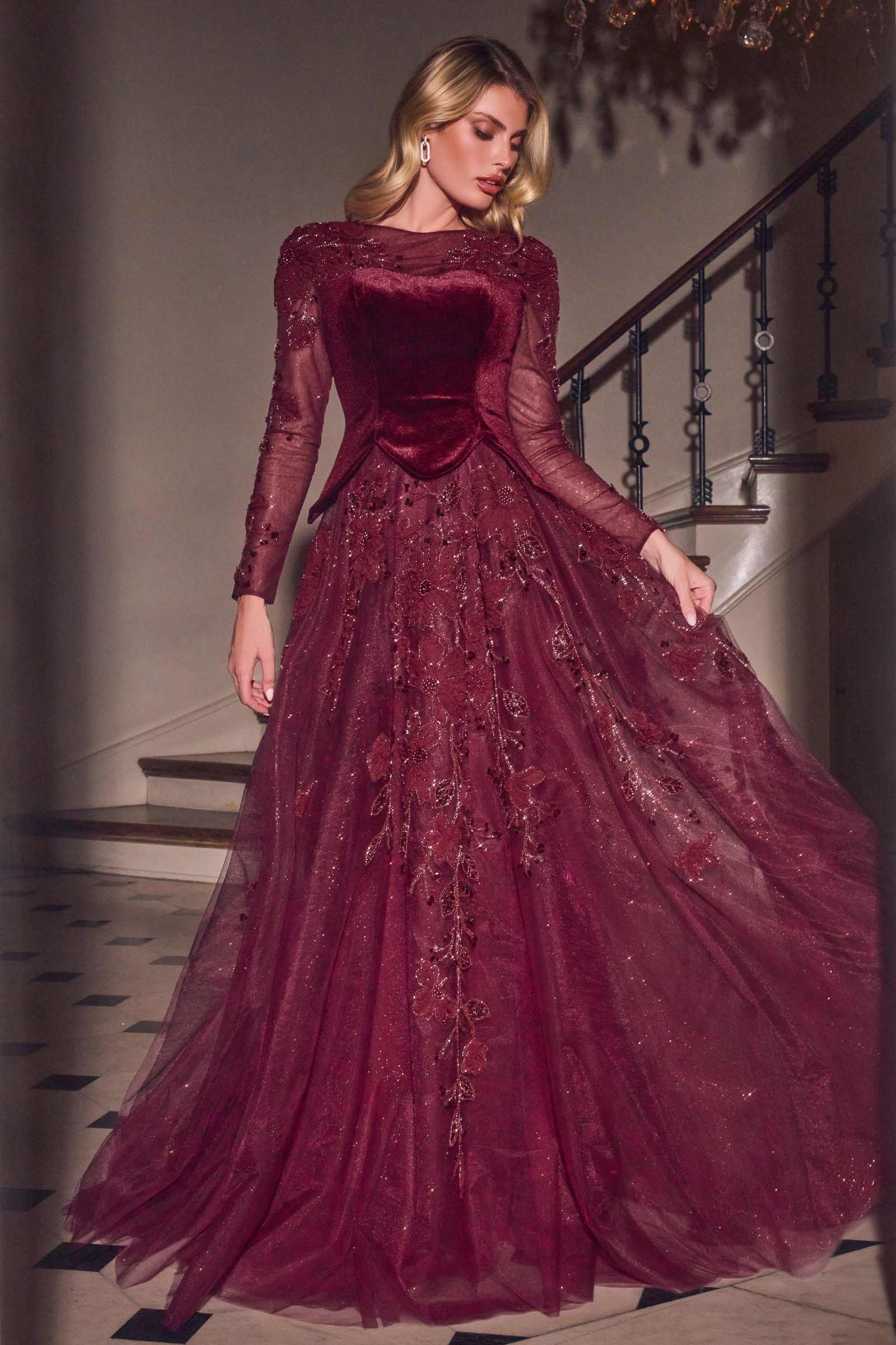 Ladivine CM394 Long Sleeve Velvet & Lace Ball Gown