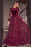 Ladivine CM394 Long Sleeve Velvet & Lace Ball Gown