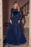 Ladivine CM394 Long Sleeve Velvet & Lace Ball Gown
