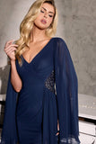 Ladivine CM8248 Flowing Cap Sleeve Fitted Evening Soirées Dress