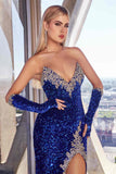 Ladivine CP639 Long Strapless Sequin Gown With Matching Gloves