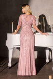 Ladivine CR887 Scoop Neck Flutter Sleeve Beaded Tulle Overlay Formal Gown