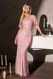 Ladivine CR887 Scoop Neck Flutter Sleeve Beaded Tulle Overlay Formal Gown