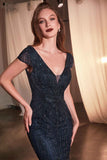 Ladivine CZ0029 Long Beaded Cap Sleeve Fitted Dress