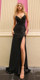 Nox Anabel E1285 Long Lace Applique Bodice Fitted Satin Slit Gown
