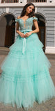 Nox Anabel E1293 Long Off the Shoulder Sweetheart Ruffled Tiered Tulle Gown