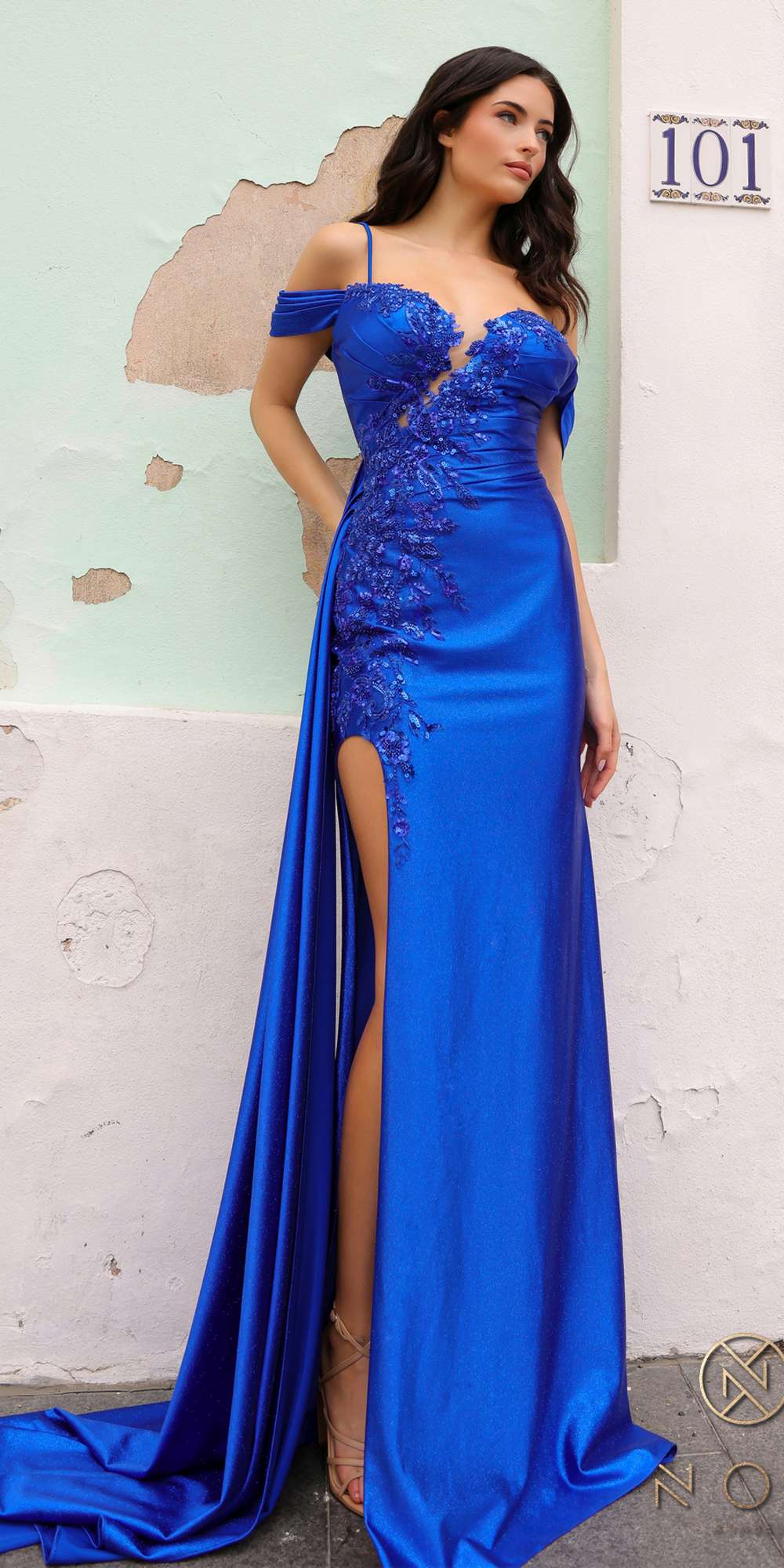 Nox Anabel E1451 Long Off the Shoulder Fitted Column Satin Dress