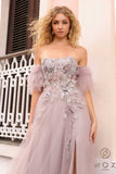 Nox Anabel E1453 Long Strapless A-Line Tulle Gown Removable Arm Cuffs