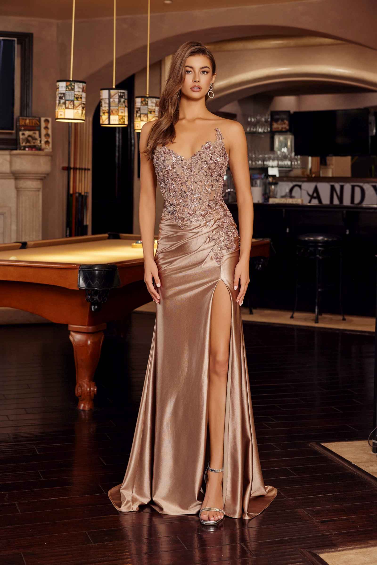 Long Beaded Sequin Formal Prom Dress Nox Anabel E1889 - Mocha Gold / 2 Long Beaded Sequin Formal Prom Dress Nox Anabel E1889 - Mocha Gold / 2