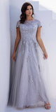 Eureka Fashion EK104 Long A-Line Short Sleeve Tulle Overlay Formal Gown