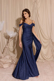 CLEARANCE - Eureka EK107 Long Off Shoulder Cowl Neckline Navy Gown (Size 2XL)