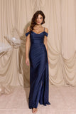 CLEARANCE - Eureka EK107 Long Off Shoulder Cowl Neckline Navy Gown (Size 2XL)