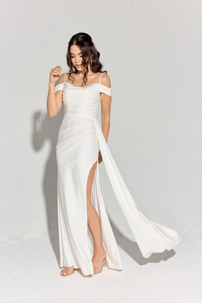 Eureka Fashion EK107 Long Off Shoulder Cowl Neckline Bridesmaid Gown