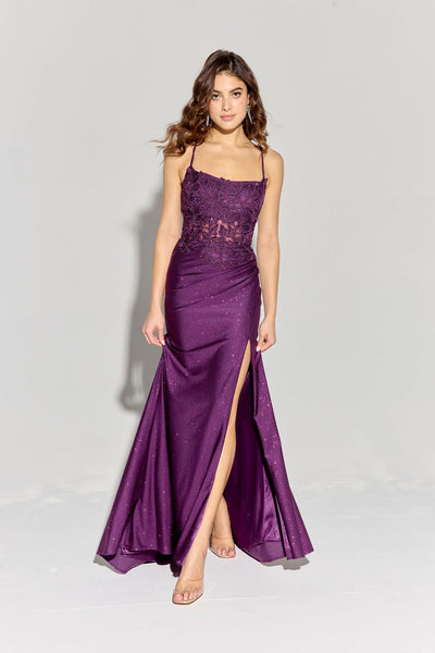 Eureka EK129 Long Boat Neckline Fitted Floral Applique Gown