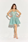 Eureka EK152 A-line Iridescent Sequin Short Gown with Floral Applique