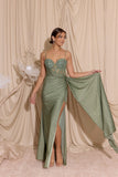 Eureka EK166 Glitter Jersey Dress Side Sash Embellished Beaded Neckline