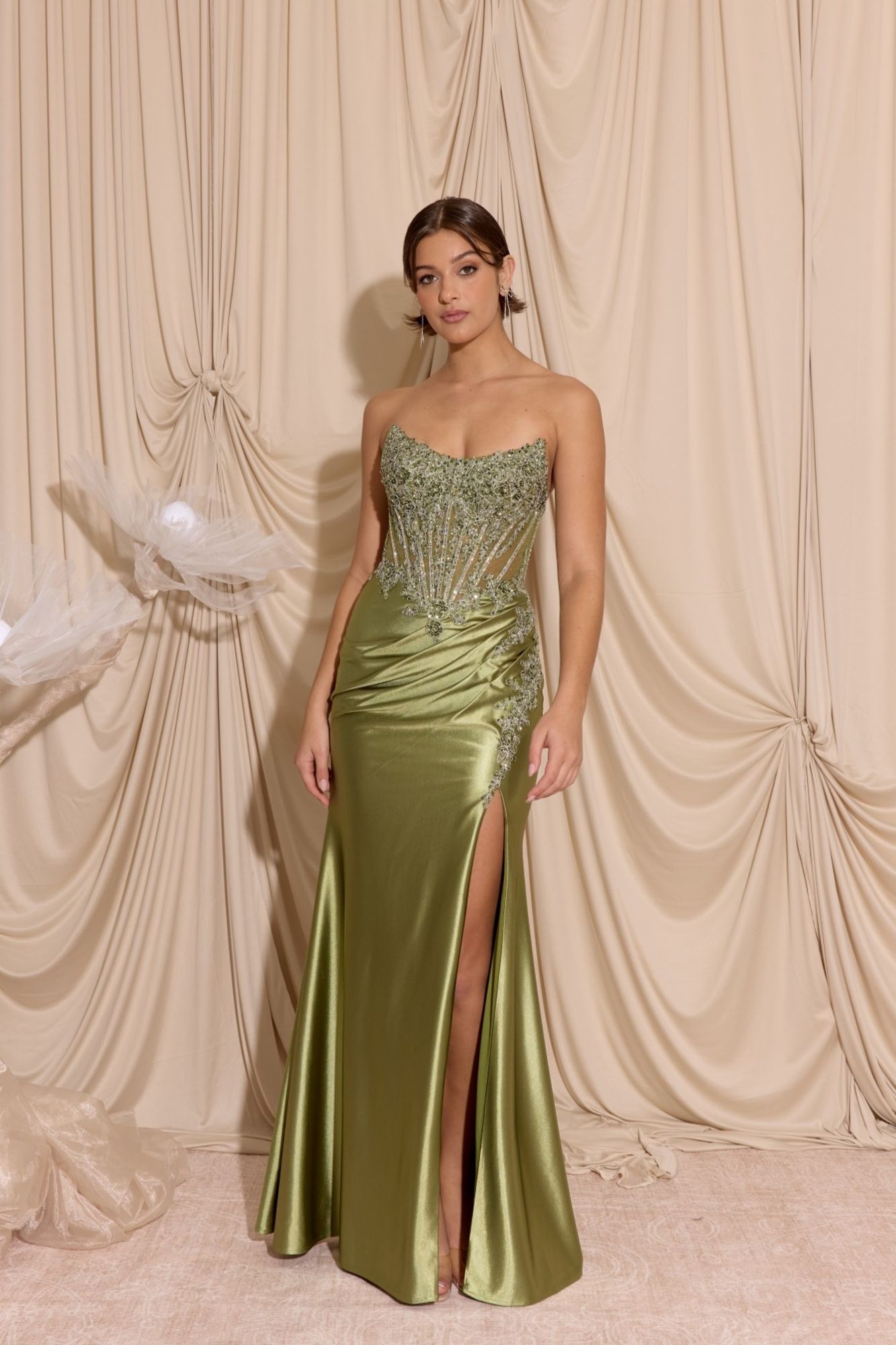 Eureka EK202 Strapless Satin Evening Gown High Thigh Slit