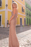 Nox Anabel F1468 Long Draped Off the Shoulder Sleeve Sequin/Beaded Gown
