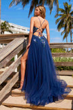 Nox Anabel G1649 Lace-Up Deep V-Neck A-line Dress with Sequin Applique