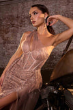 Ladivine J869 Long Fitted Tulle One Shoulder Strap Illusion Neck Gown