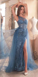 Ladivine J869 Long Fitted Tulle One Shoulder Strap Illusion Neck Gown