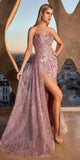 Ladivine J872 Long Strapless Glitter Embellished Leg Slit Evening Gown