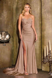 Ladivine J875 Fitted Strapless Sparkle and Lace Dress