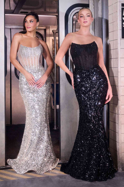 Ladivine J892 Sleek Neckline Sequin Design Corset Bodice Formal Gown
