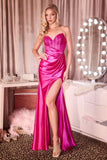 Ladivine J899 Sleek Fitted Gown Strapless Luxe Satin With Leg Slit