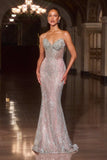 Ladivine J903 Lavish Crystal Encrusted Sheer Corset Bodice Fitted Gown