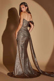 Ladivine J913 One Shoulder Metallic Fitted Dress With Sash