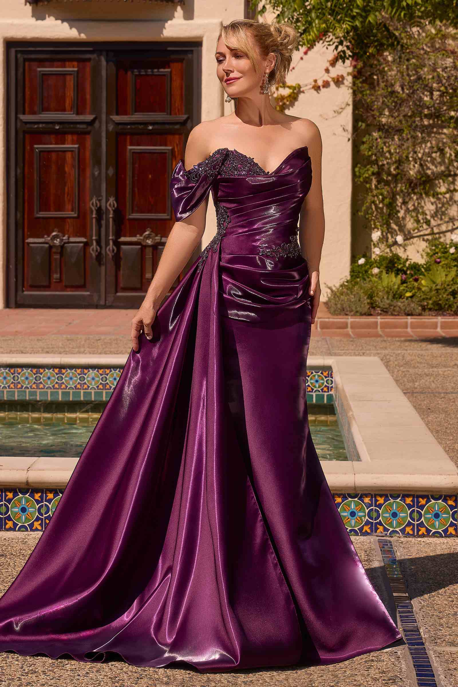 Off Shoulder Satin Mermaid Formal Gown with Beaded Appliqué and Draped Overskirt