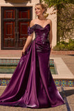 Off Shoulder Satin Mermaid Formal Gown with Beaded Appliqué and Draped Overskirt