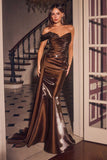 Off Shoulder Satin Mermaid Formal Gown with Beaded Appliqué and Draped Overskirt