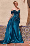 Off Shoulder Satin Mermaid Formal Gown with Beaded Appliqué and Draped Overskirt