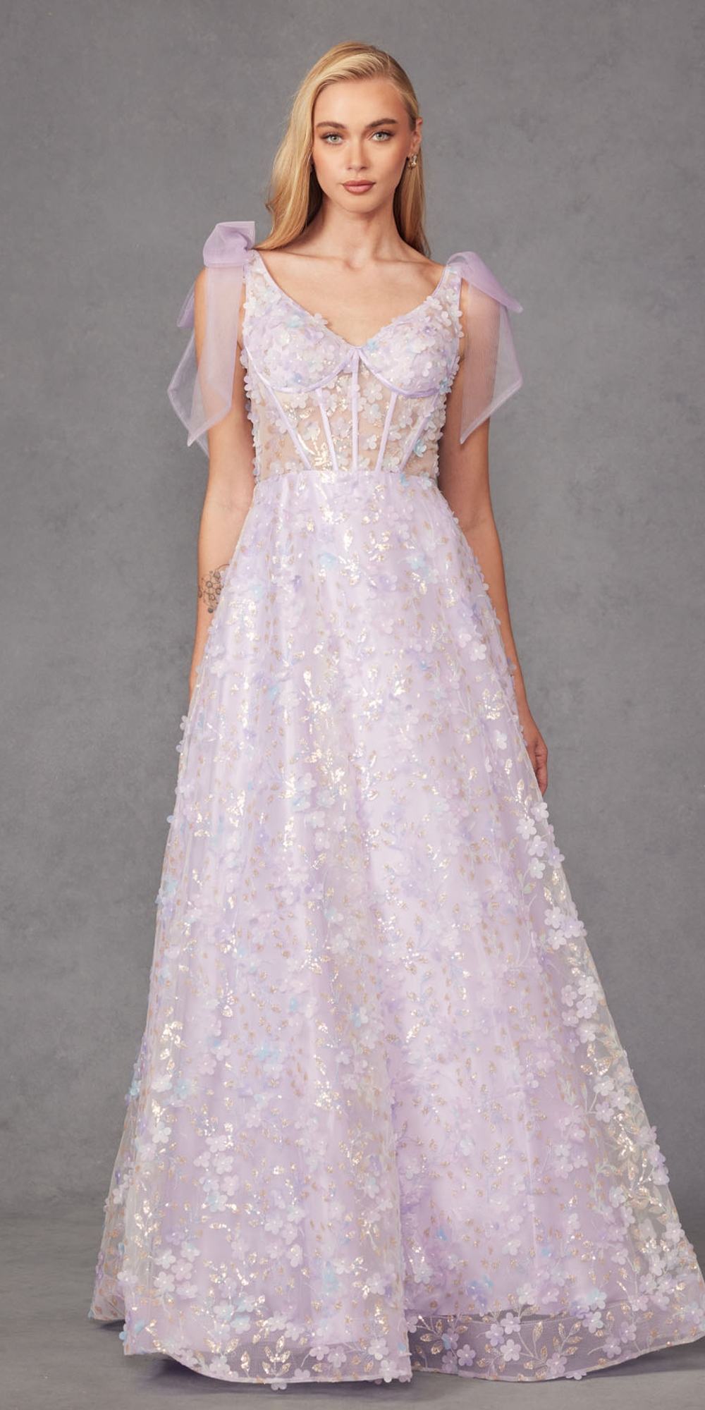 Juliet JT2439K Long 3D Floral Glitter Print Sleeveless A-line Gown
