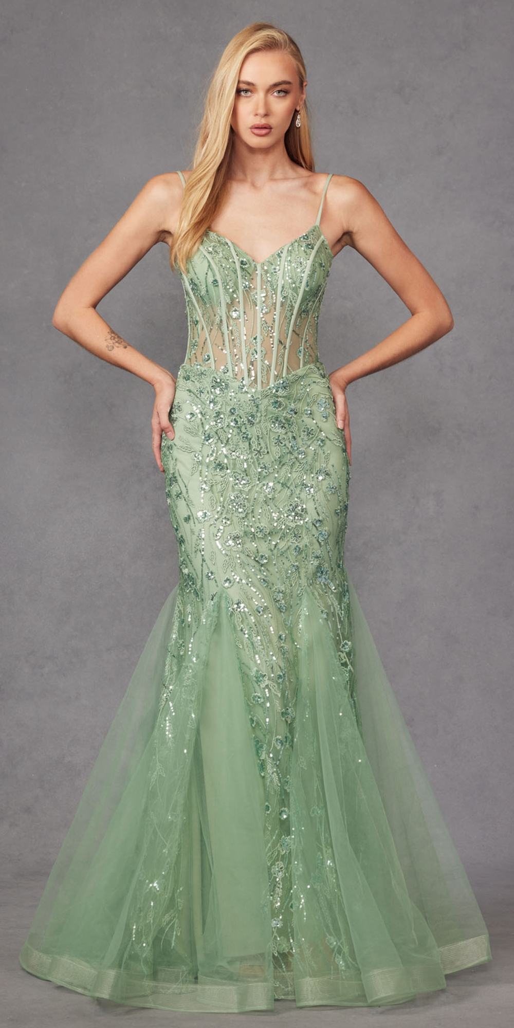 Juliet JT2441S Long Corset Bodice Embellished Sleeveless Mermaid Dress