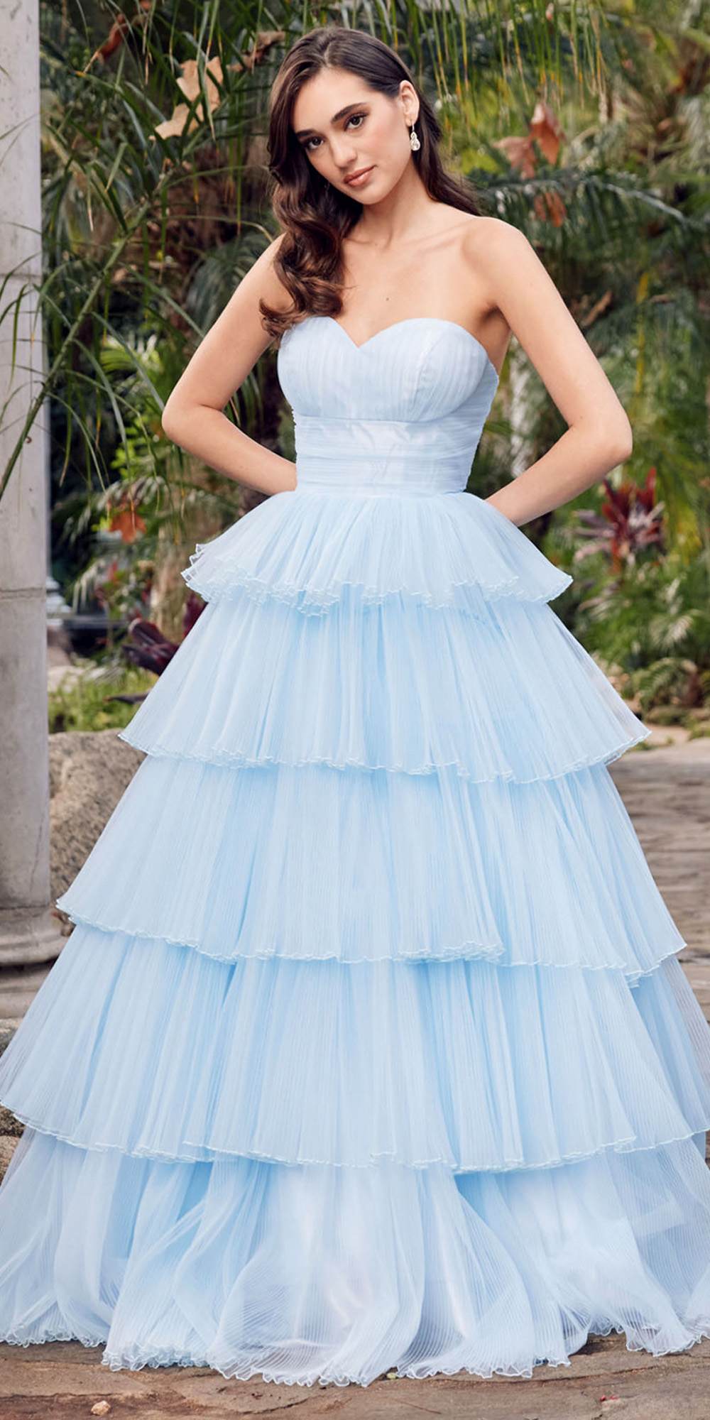 Juliet JT2452K Long Pleated Strapless Tiered Ruffle Tulle A-Line Gown