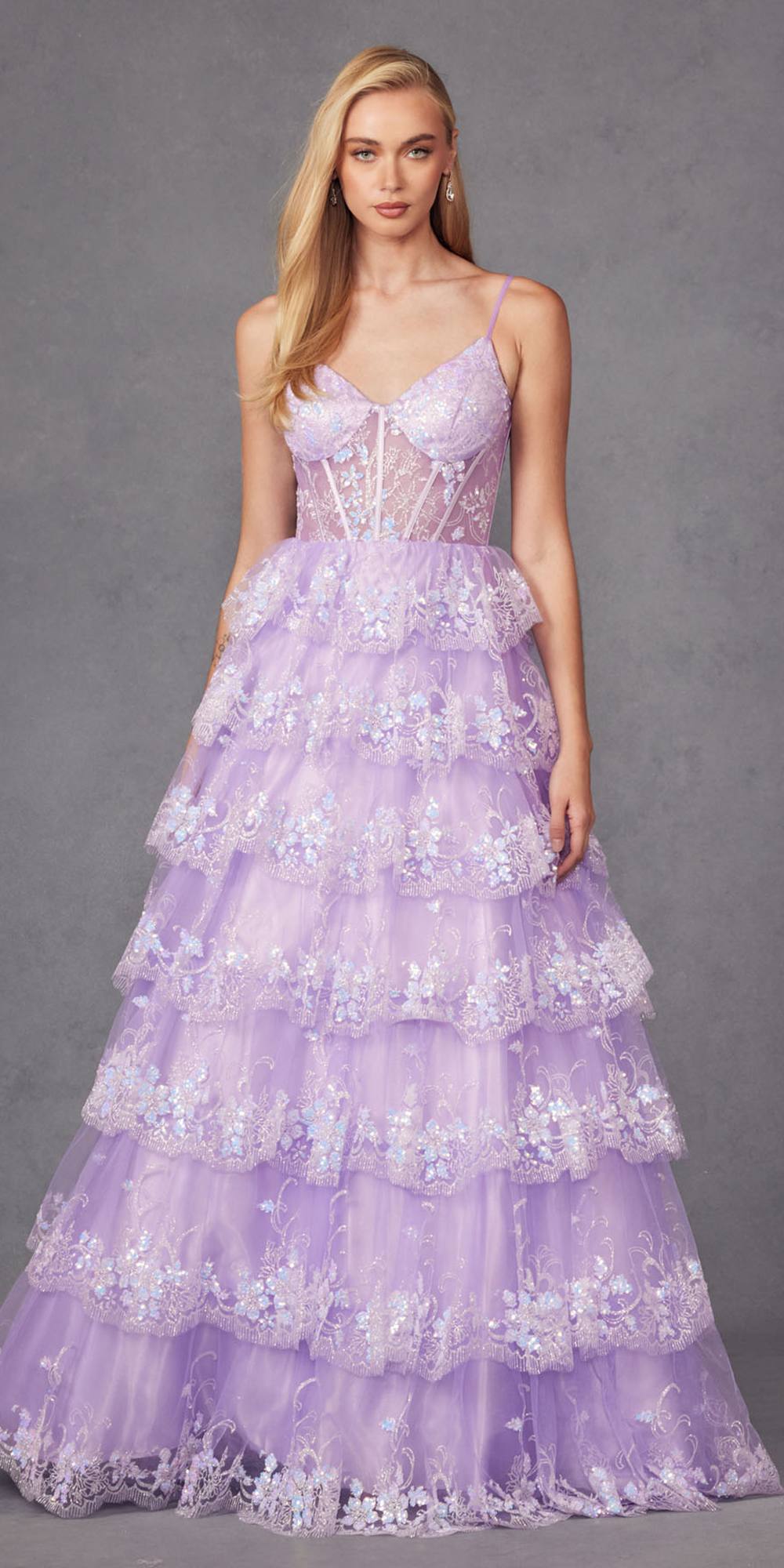Juliet JT2454K Long Boned Bodice Tiered Layered Sequin Detail A-Line Gown