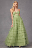 Juliet JT2456H Long Strapless Keyhole Tiered Ruffled Tulle A-Line Gown