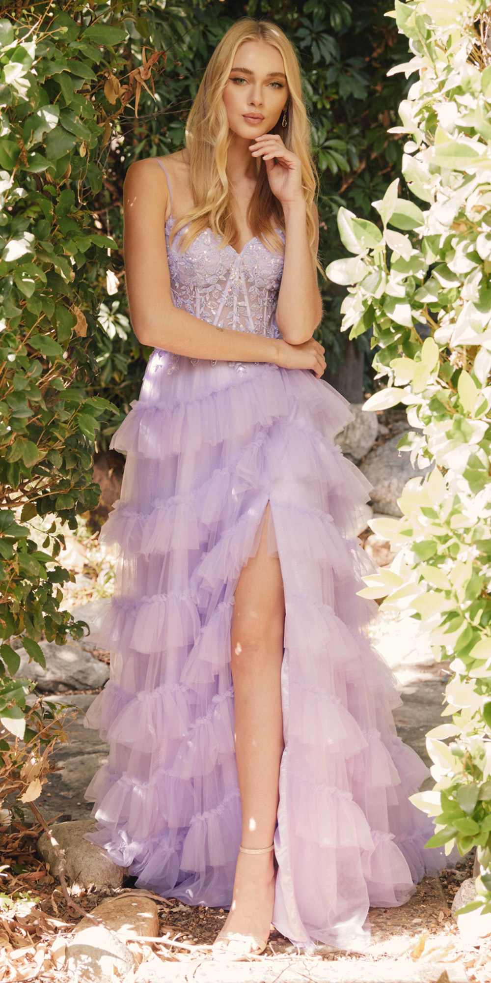 Juliet JT2459A Tiered Ruffled Glitter Tulle A-Line Gown Corset Bodice